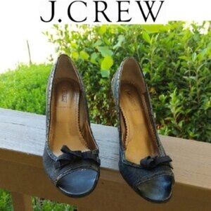 J. Crew Open Toe Black Bow Suede Wedges 8.5